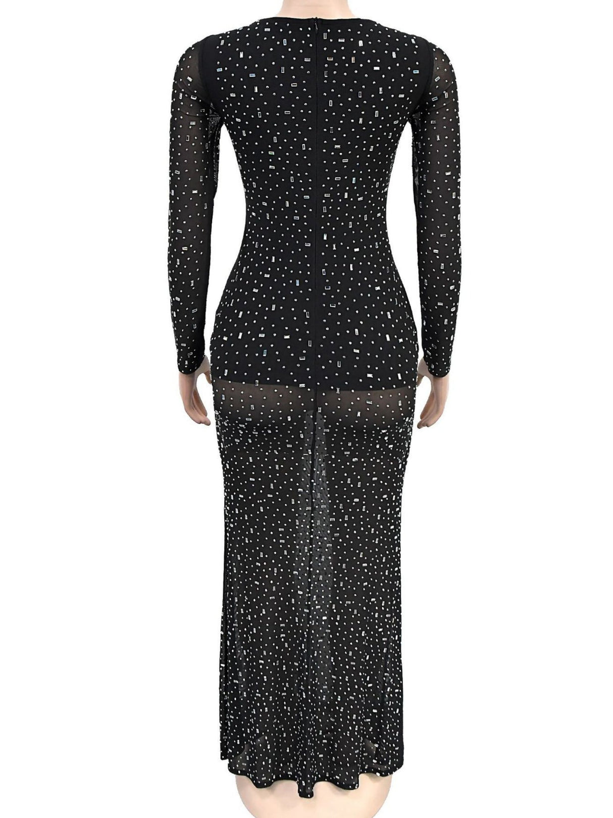 Strassbesetzte, lange Ärmel, eckiger Kragen, glänzende Party-Maxikleider