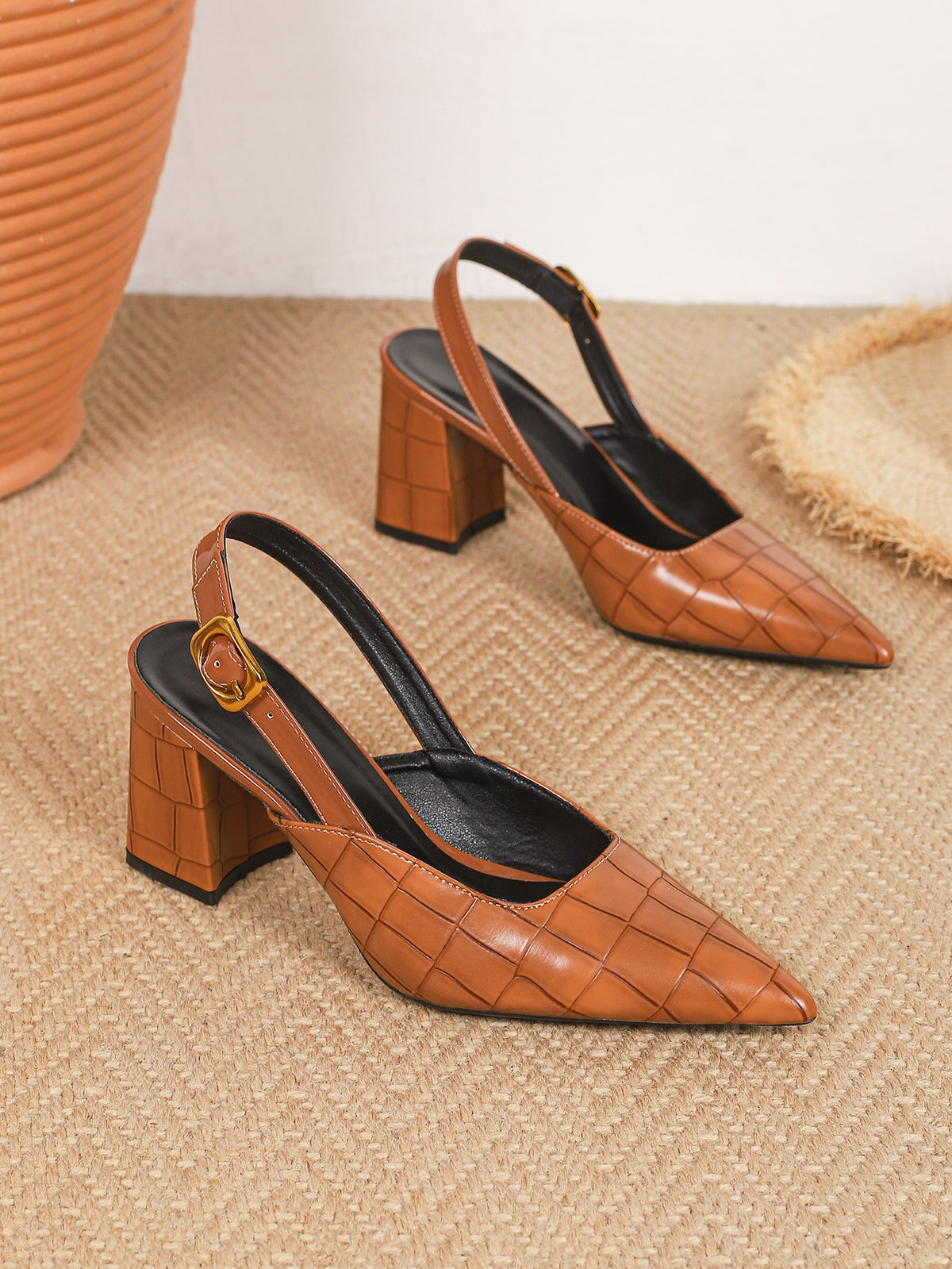 Pointed-toe Embossed Patchwork Open-back High Heels