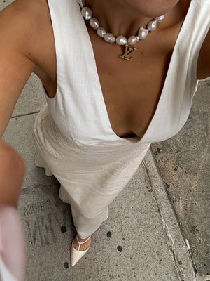 Cotton And Linen Elegant Waist-cinching V-neck Sleeveless Comfort Maxi Dresses
