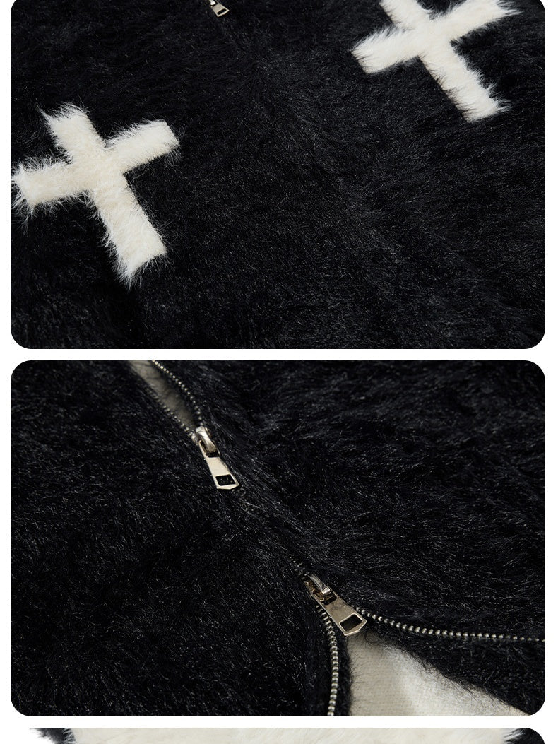 Retro Mohair Loose Zipper Hooded Cardigans