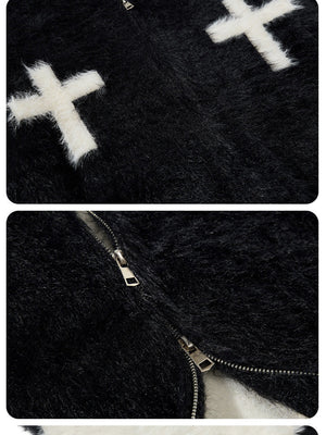 Retro Mohair Loose Zipper Hooded Cardigans