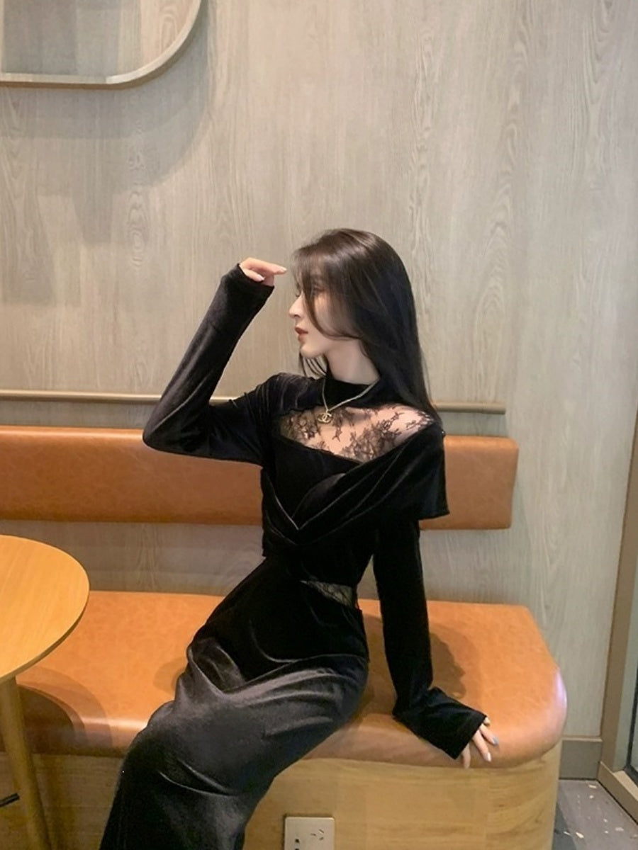 Velvet Dress, Women's Style, Rich Heiress Look, Lace Long-sleeved Black Dress