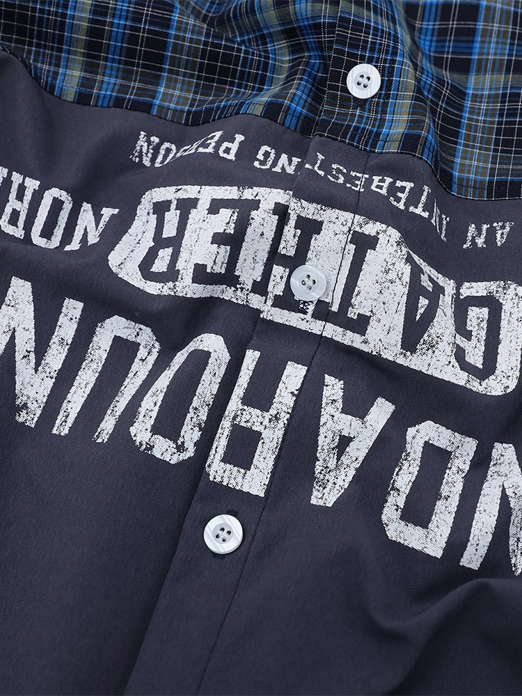 Color-blocked Patchwork Plaid Letter Printed Hip Hop Shirts