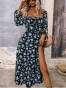 Floral Long Sleeve Square Collar Slit Vacation And Leisure Maxi Dresses