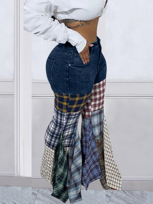 Houndstooth Pattern Flared Pants Ruffle Jeans