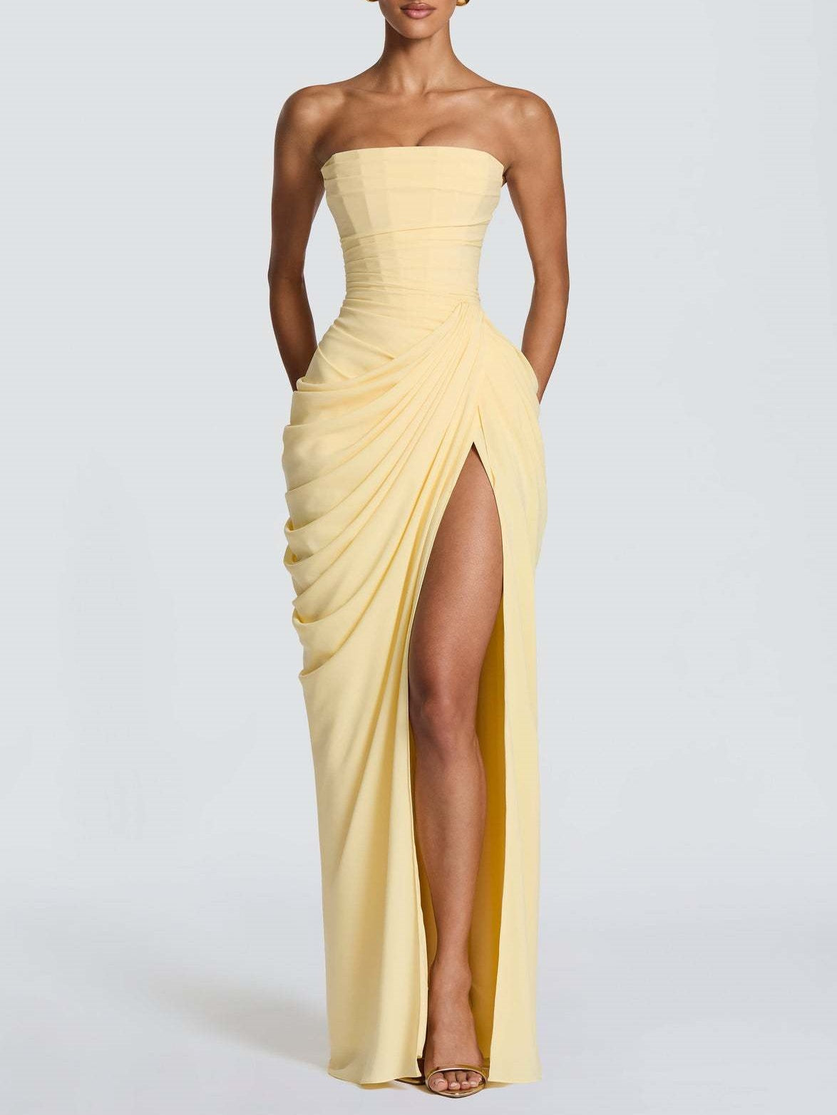 Asymmetrical Pleated Sexy High-slit Strapless Pleated Long Dress