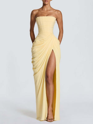 Asymmetrical Pleated Sexy High-slit Strapless Pleated Long Dress