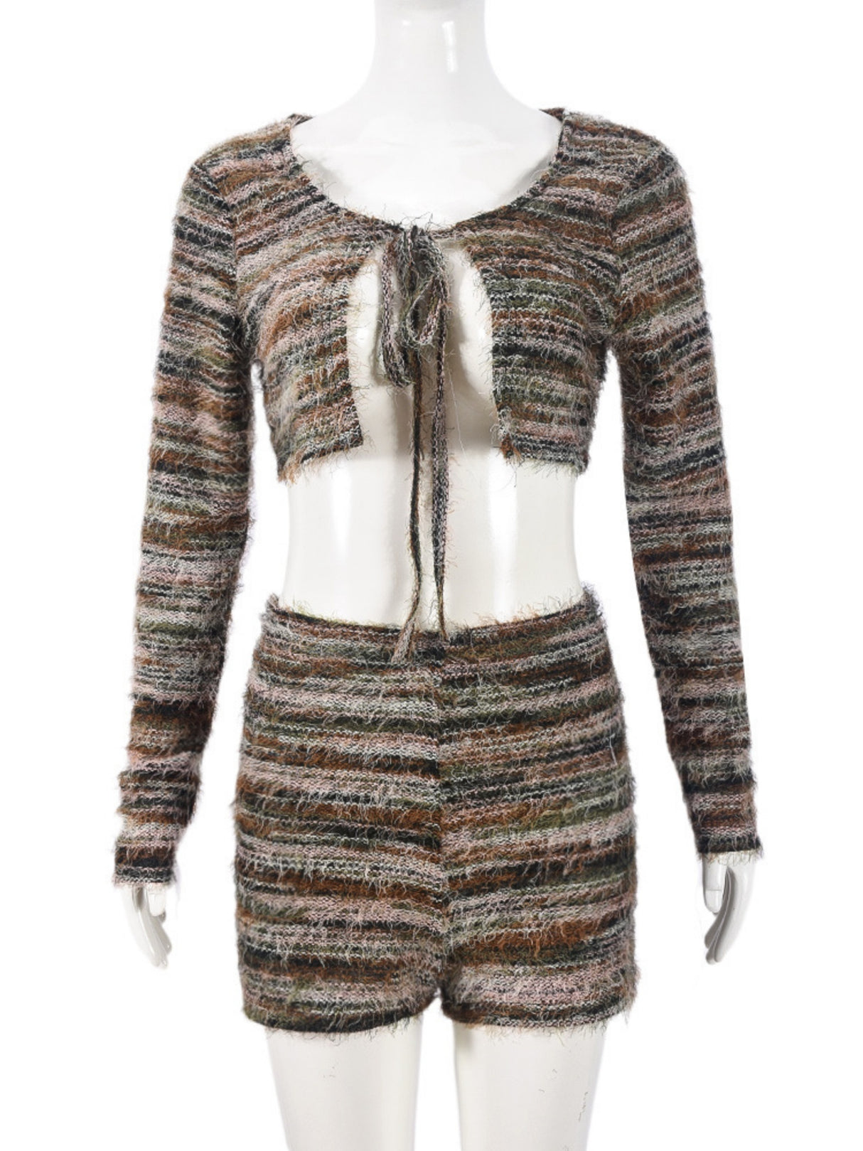 Striped Color Blocking Straps Navel Exposed Long-sleeved Cardigan And Shorts 2-piece Sets