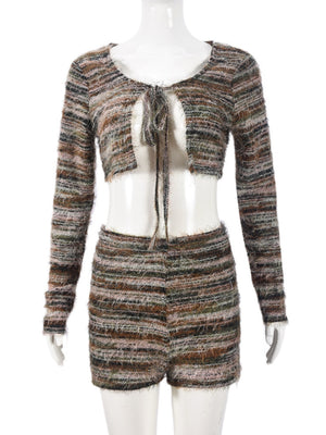 Striped Color Blocking Straps Navel Exposed Long-sleeved Cardigan And Shorts 2-piece Sets