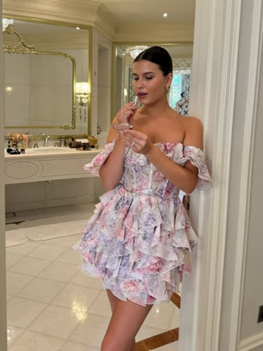 Off Shoulder Ruffle Floral Formal Dress Mini&Short Dresses