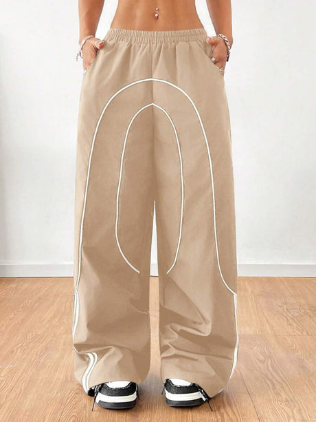 Color-blocked Elastic Waistband Pocket Wide-leg Trousers