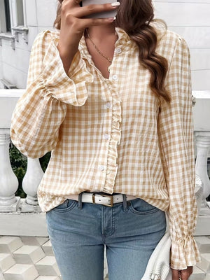 Stripes Ruffle Puff Sleeve Commuting Shirts