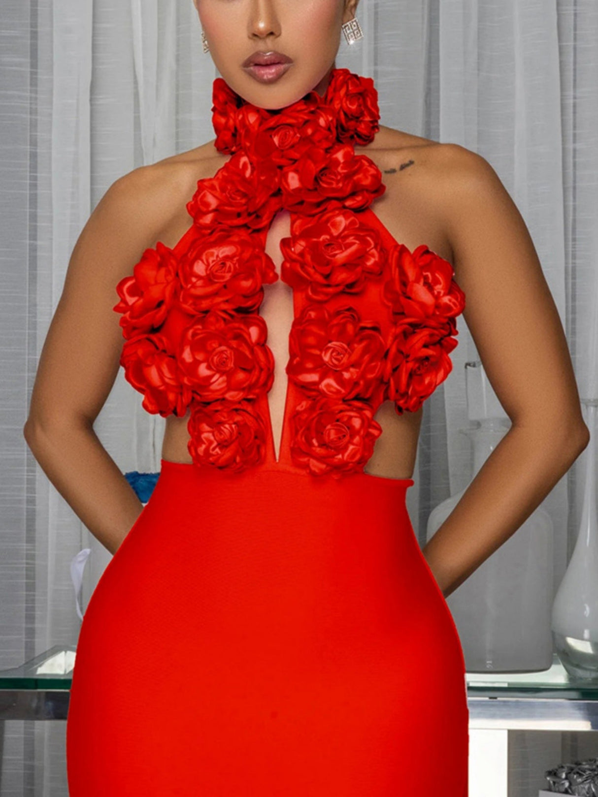 3D-Blumen-Valentinstags-Halsband-Plissee-Midikleider