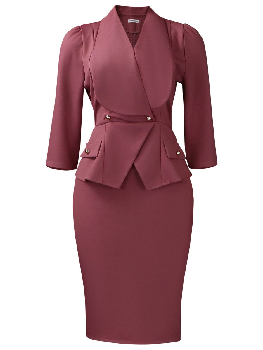 Large Lapel Three-quarter Sleeves Commuting Hip-hugging Midi Dresses