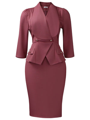 Large Lapel Three-quarter Sleeves Commuting Hip-hugging Midi Dresses