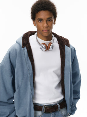 Short Plush Ins Contrasting Colors Hooded Zipper Jacket