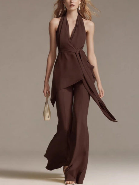 Halter-neck Backless Belt Sleeveless Top And Wide-leg Pants Two-piece Set