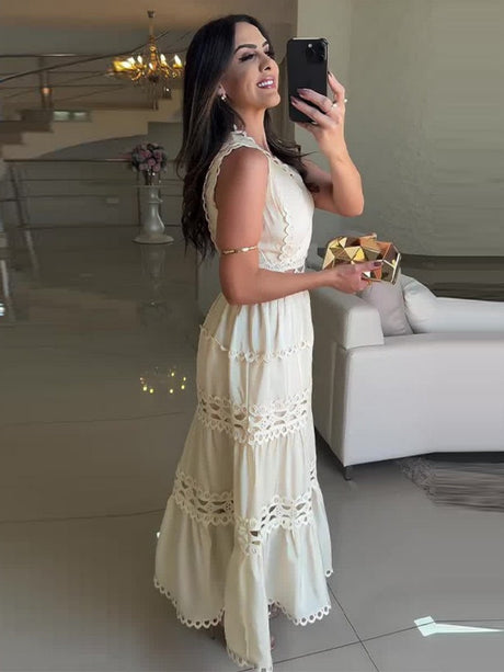 Openwork Embroidery V-neck Slimming Maxi Dresses