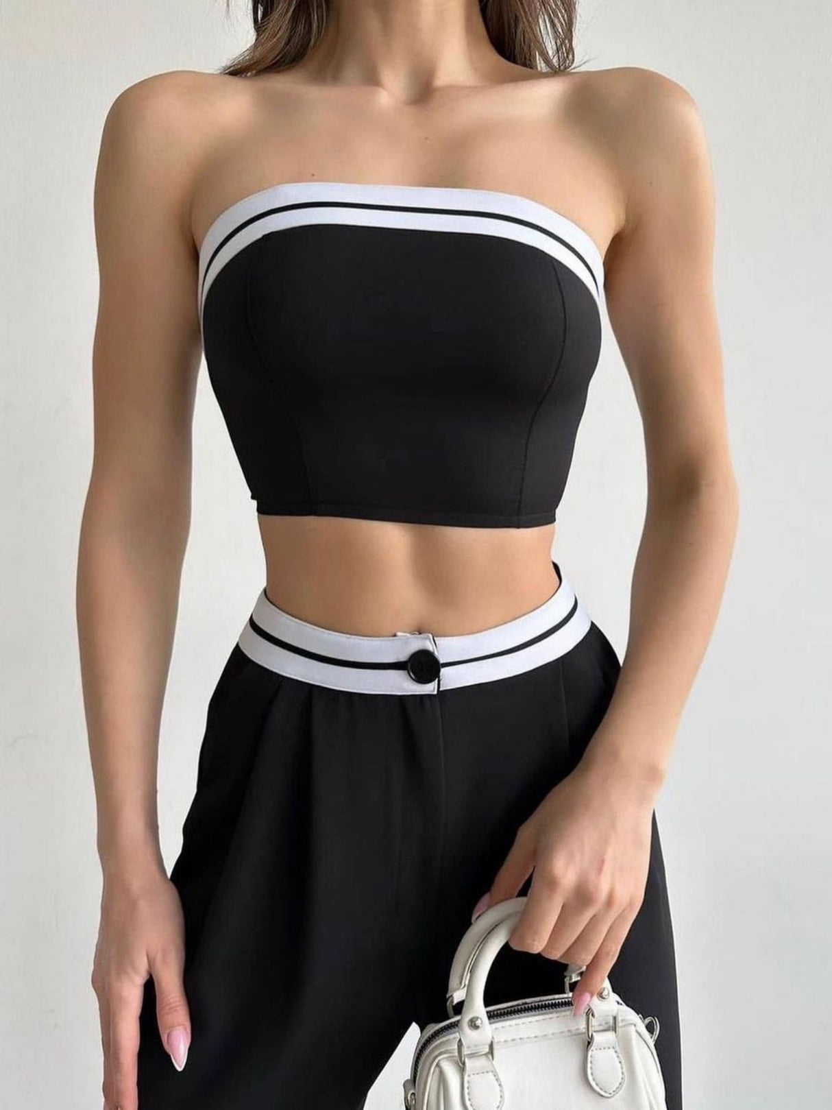 Color-blocked Vest Bandeau High-waisted Wide-leg Trousers 2-piece Sets