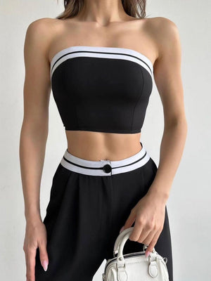 Color-blocked Vest Bandeau High-waisted Wide-leg Trousers 2-piece Sets