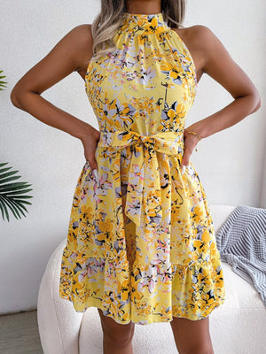 Printed Sleeveless Tie Mini Dress With A Full Skirt