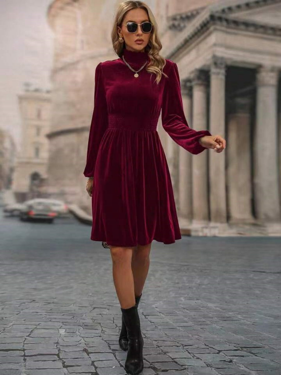 High Collar Gold Velvet Puff Sleeve Hit Long-sleeved Short Dress