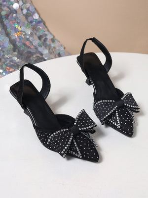Rhinestone Pointed Bow Backless High Heels