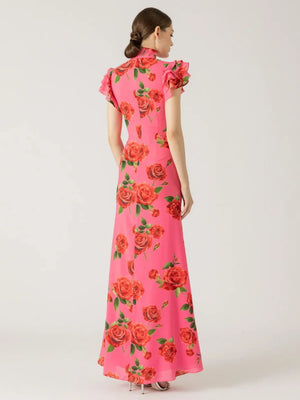 Improved Cheongsam Buttons Printed Formal Dress Maxi Dresses