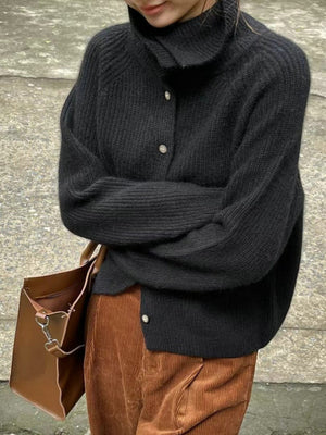 Liber Stand-up Collar Buttons Fine Pitting Solid Color Cardigans