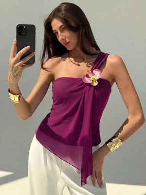 Irregular Mesh Sloping Shoulders 3D Flowers Camisoles