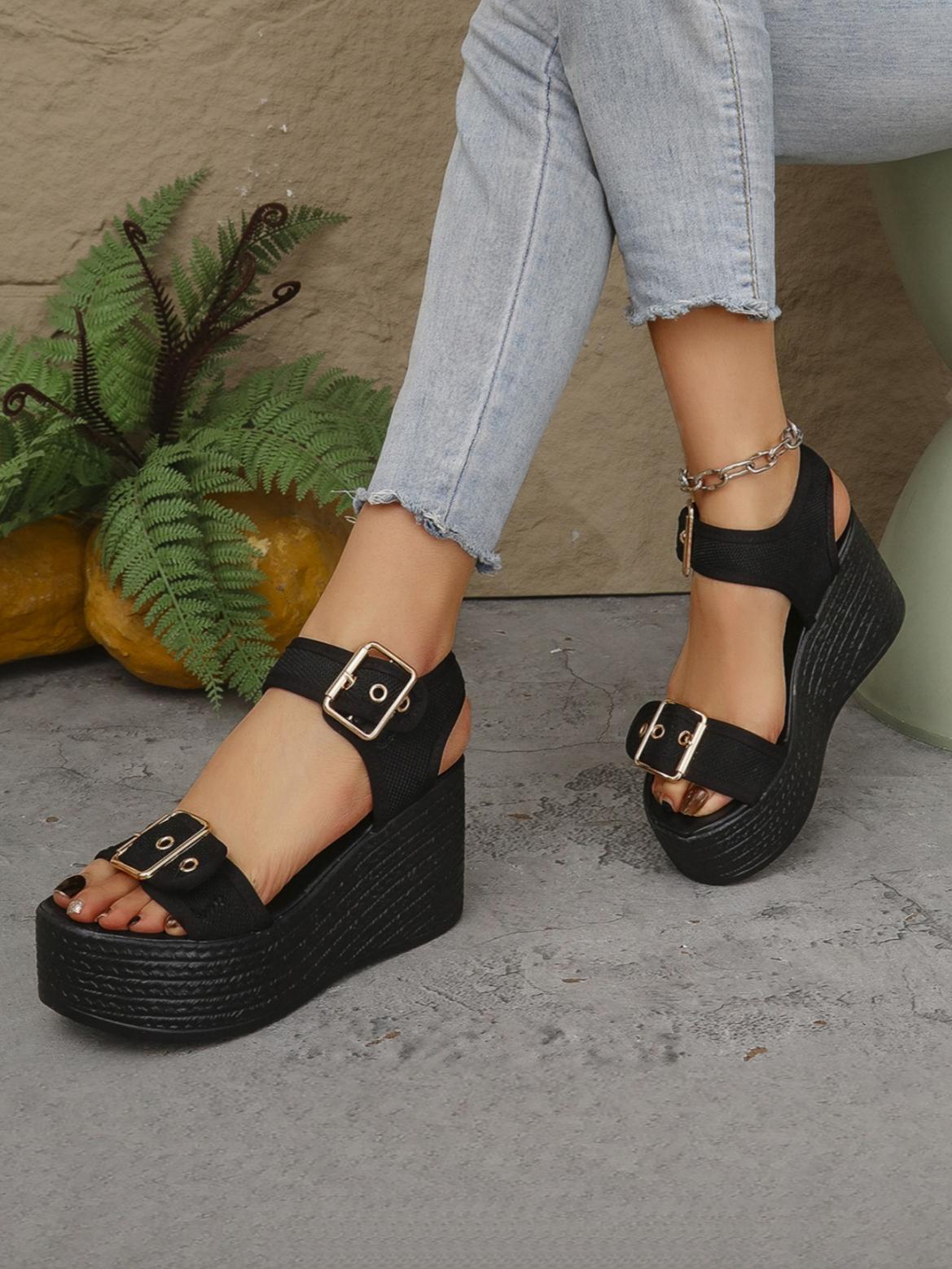 Metal Buckle Vacation Wedge Platform Sandals