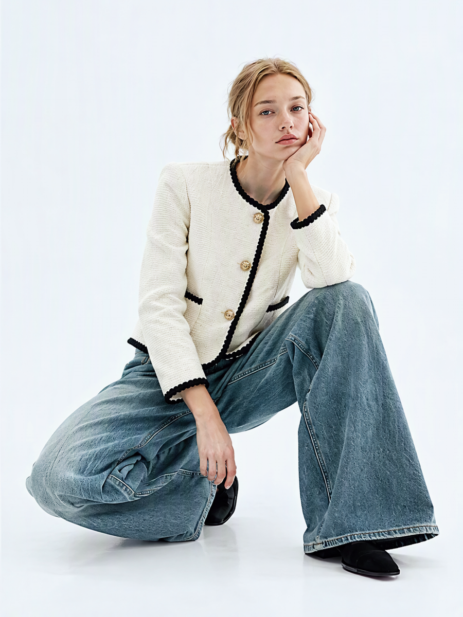 Color-blocked Long-sleeved Split Short Chanel-style Jacket Jackets