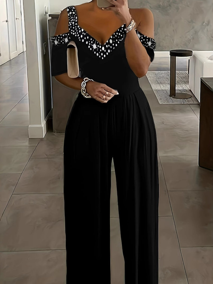 Polka Dot Print Off-shoulder Wide Leg Jumpsuits