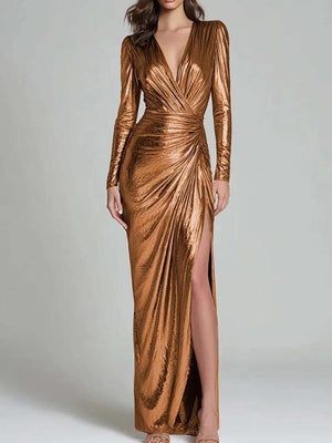 V-neck Long-sleeved Cross-over Wrap Dress With Pleats Cinched Waist High Slit And Long  Fitted Silhouette