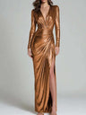 V-neck Long-sleeved Cross-over Wrap Dress With Pleats Cinched Waist High Slit And Long  Fitted Silhouette