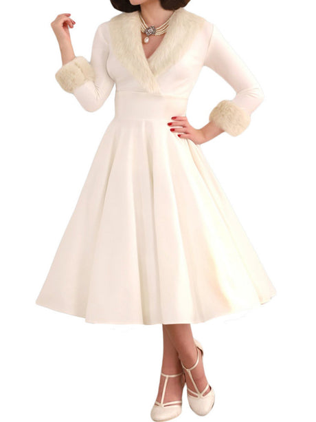 Christmas Plush Splicing Low-cut Self-cultivation Long Sleeves Midi Dresses