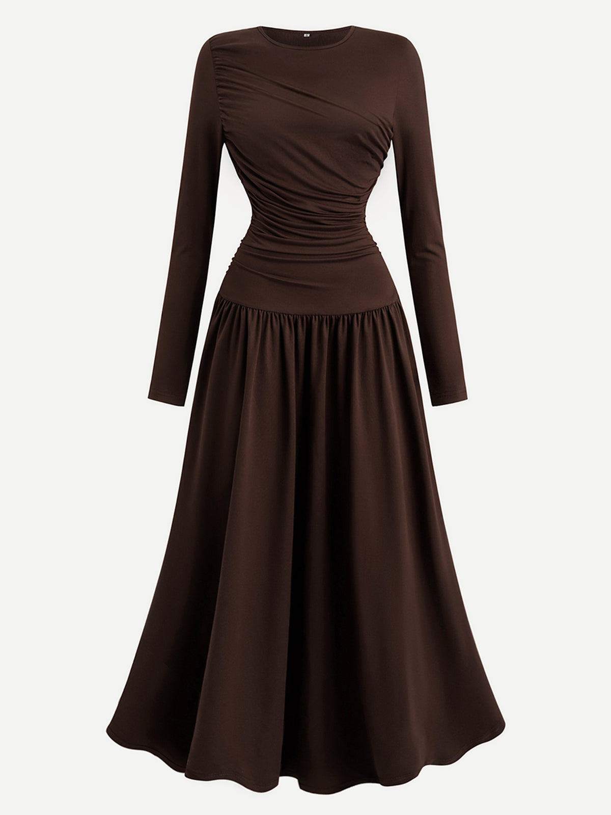 Pleated Design Long-sleeved Round Neck A-line Dress