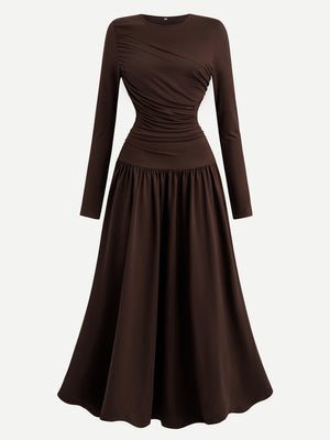 Pleated Design Long-sleeved Round Neck A-line Dress