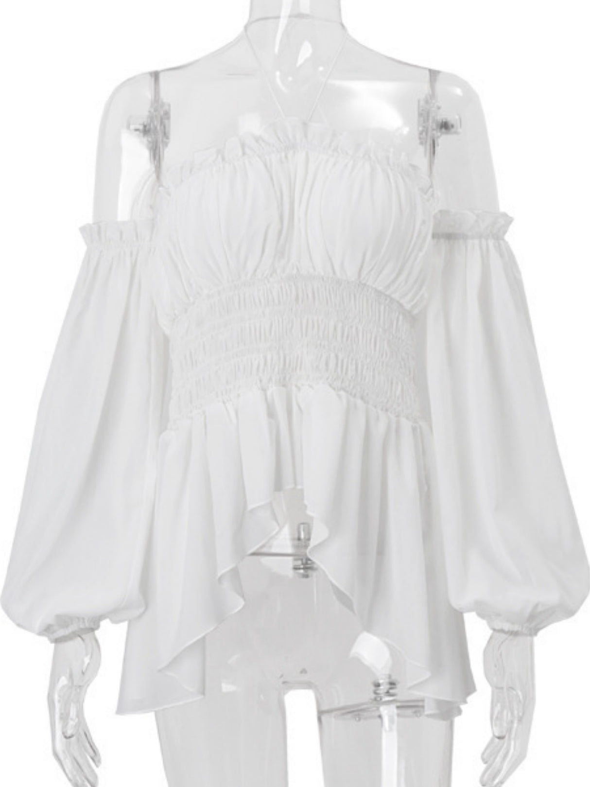 Ruffle Pleated Mesh See-through Off-shoulder Lantern Long Sleeves Neckband T-shirts