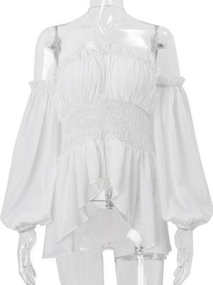 Ruffle Pleated Mesh See-through Off-shoulder Lantern Long Sleeves Neckband T-shirts