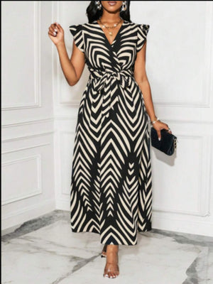 Stripes V-neck Belts Maxi Dresses