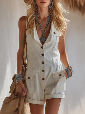 Sleeveless Button Decoration Pocket Shorts Jumpsuits