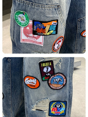 Badge Embroidery Denim Loose-fit Patchwork Fake Hole Wide-leg Jeans