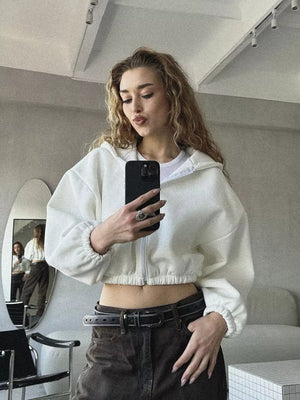 Liber Autumn women's clothing Drawstring Hooded Zippered solid color long-sleeved cardigan sweatshirt
