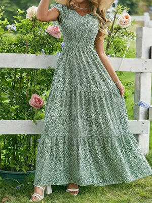 Floral Print V-neck Short Sleeve Maxi Dresses