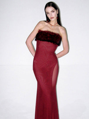 Bandeau Style Splicing Mink Fur See-through Long Dress