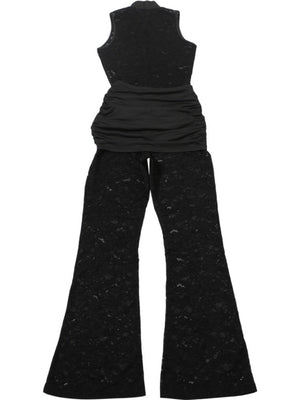 Lace Patchwork Sleeveless Sexy High-waisted Slim Fit Flares Buttons Jumpsuits&Bodysuits