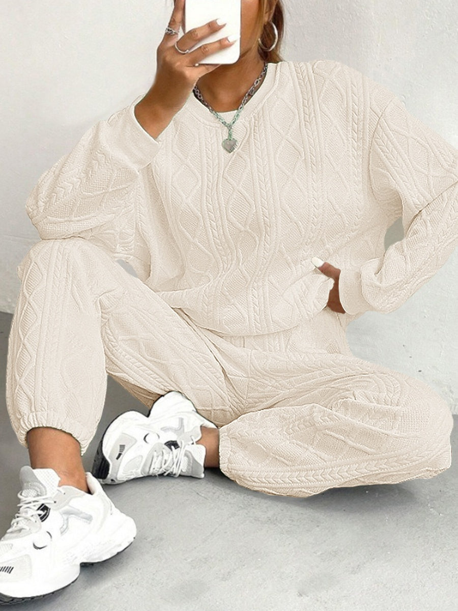 Loose-fitting Ribbed Jacquard Long-sleeved Sweatshirt Pants Casual Two-piece Set