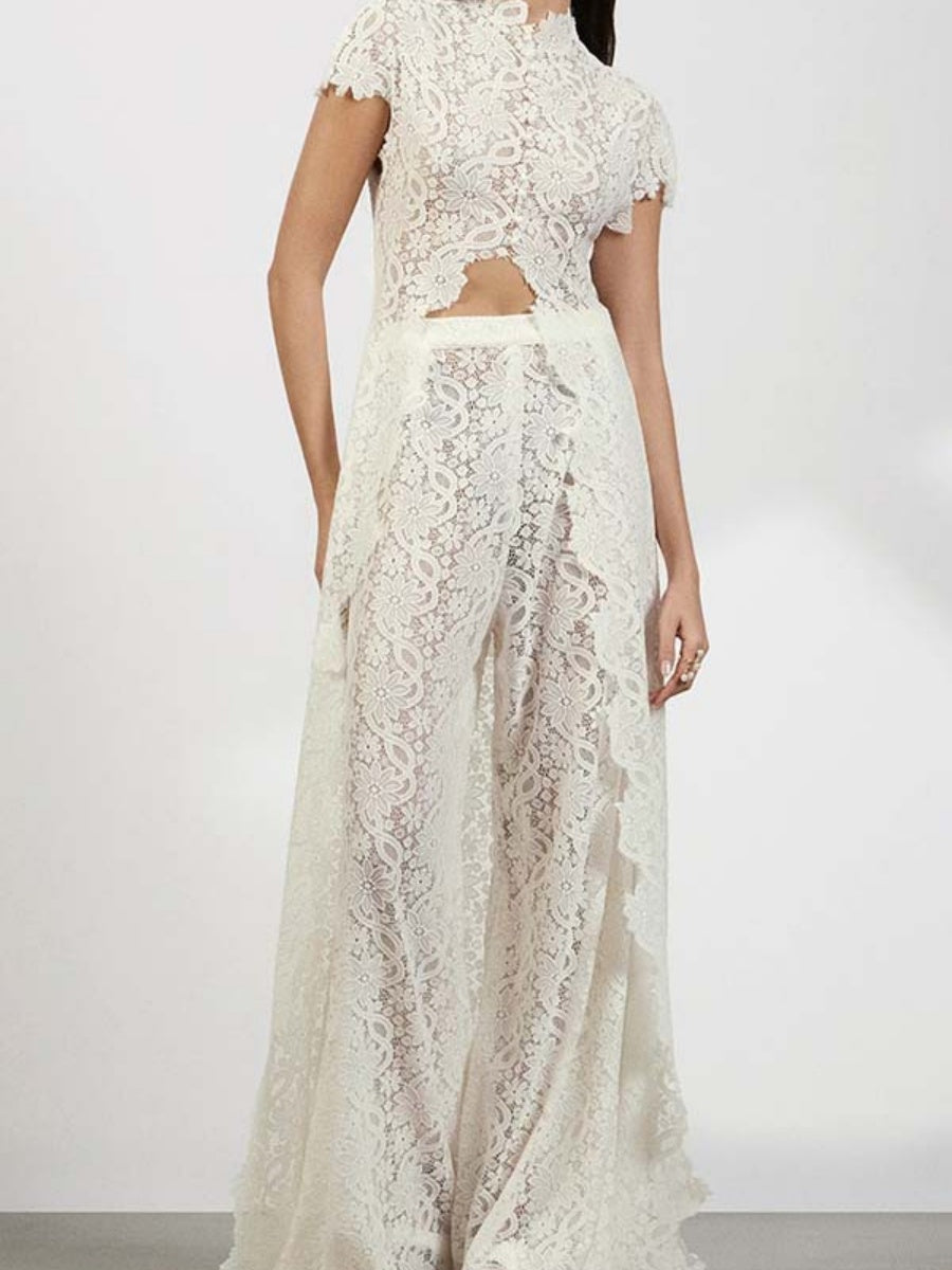 Lace Stand Collar Slit Shirts Wide-leg Pants Set 2-piece Sets