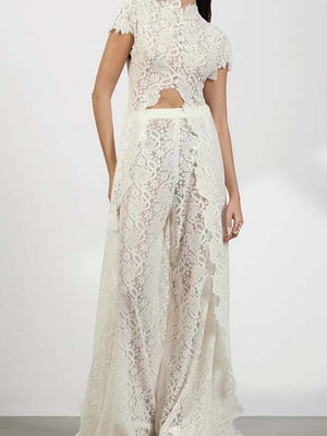 Lace Stand Collar Slit Shirts Wide-leg Pants Set 2-piece Sets